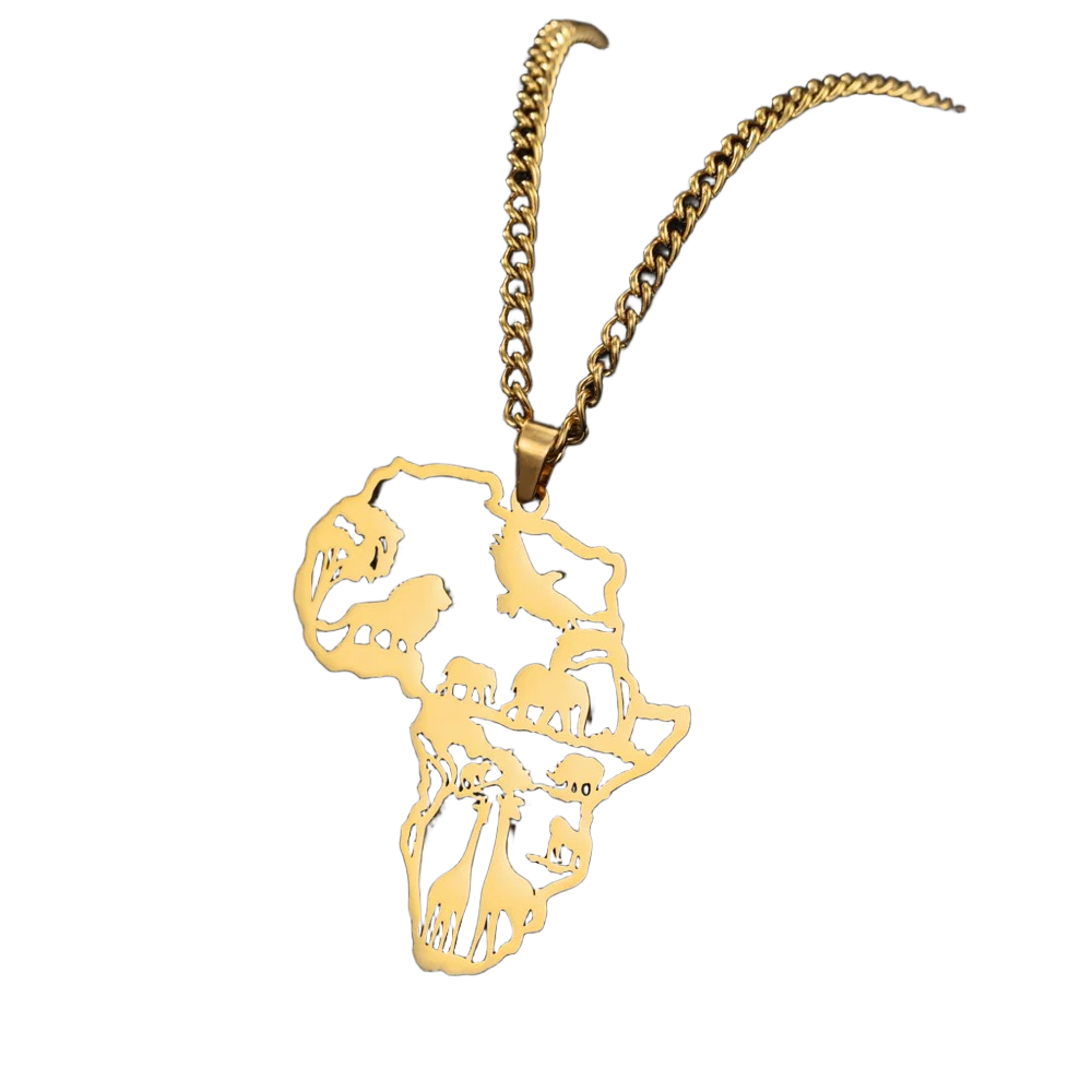 Africa Wildlife Map Necklace - Gold