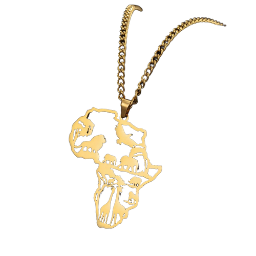 Africa Wildlife Map Necklace - Gold