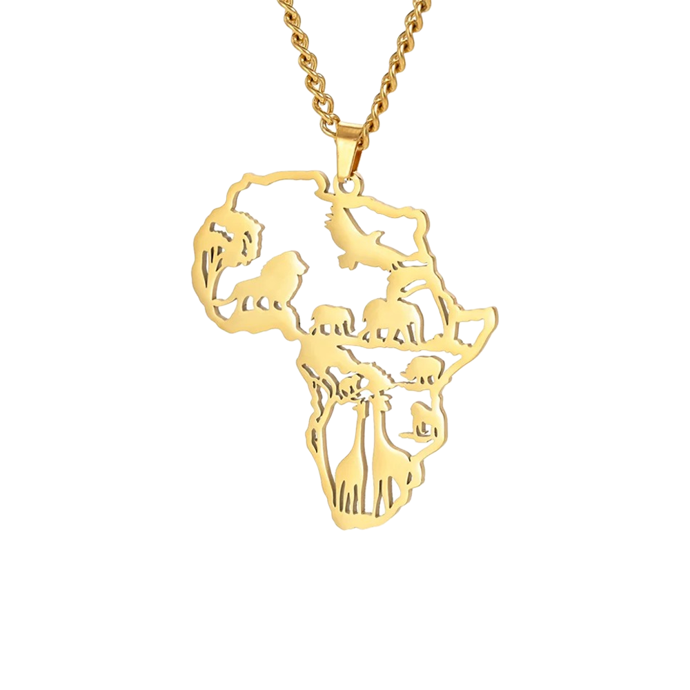 Africa Wildlife Map Necklace - Gold