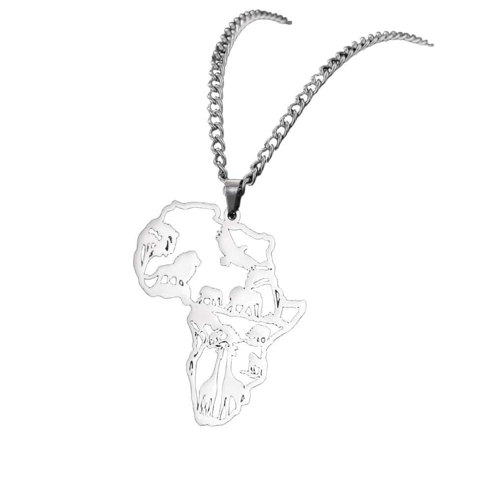 Africa Wildlife Map Necklace - Silver