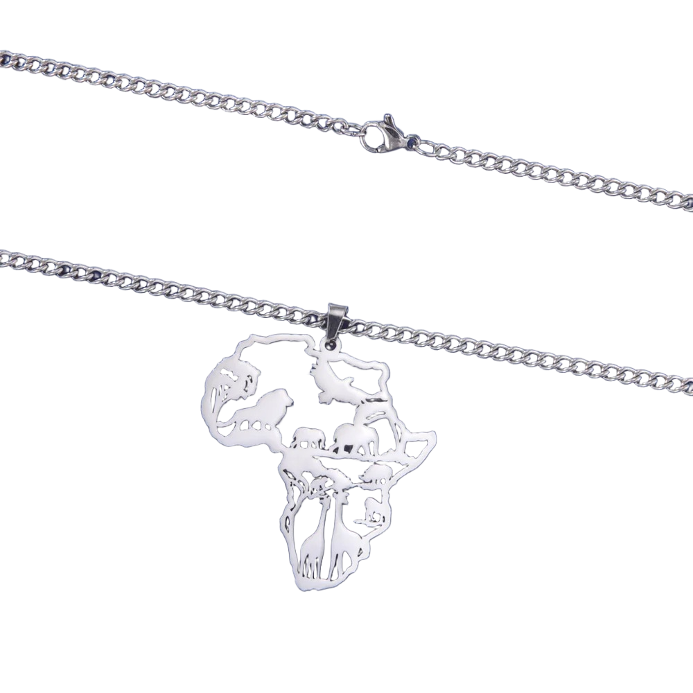 Africa Wildlife Map Necklace - Silver