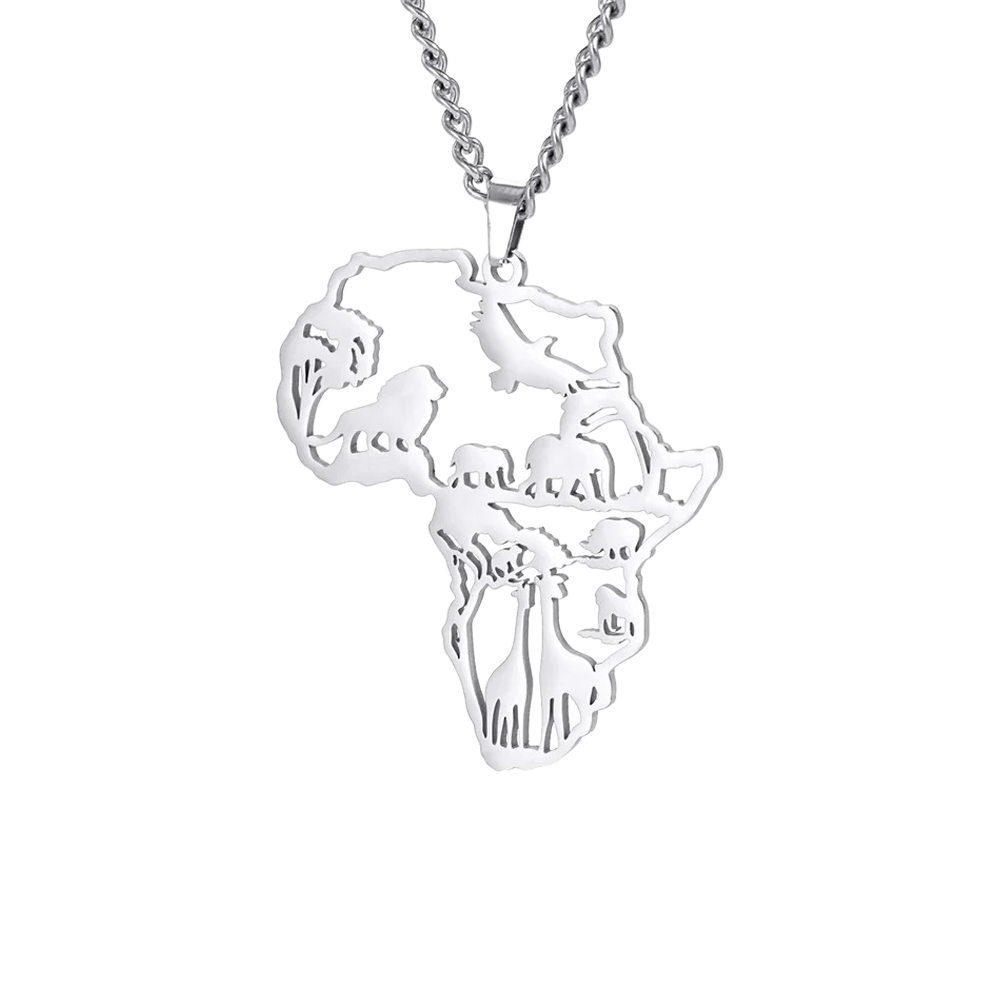 Africa Wildlife Map Necklace - Silver