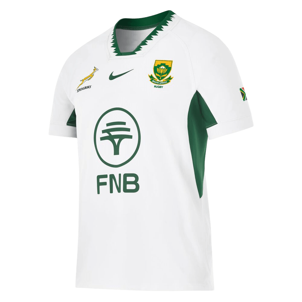 Springbok replica away jersey in white with green shoulders and a jagged green collar trim