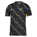 Springbok pre-match tee with an all-over beadwork print in green, red, blue and gold on black