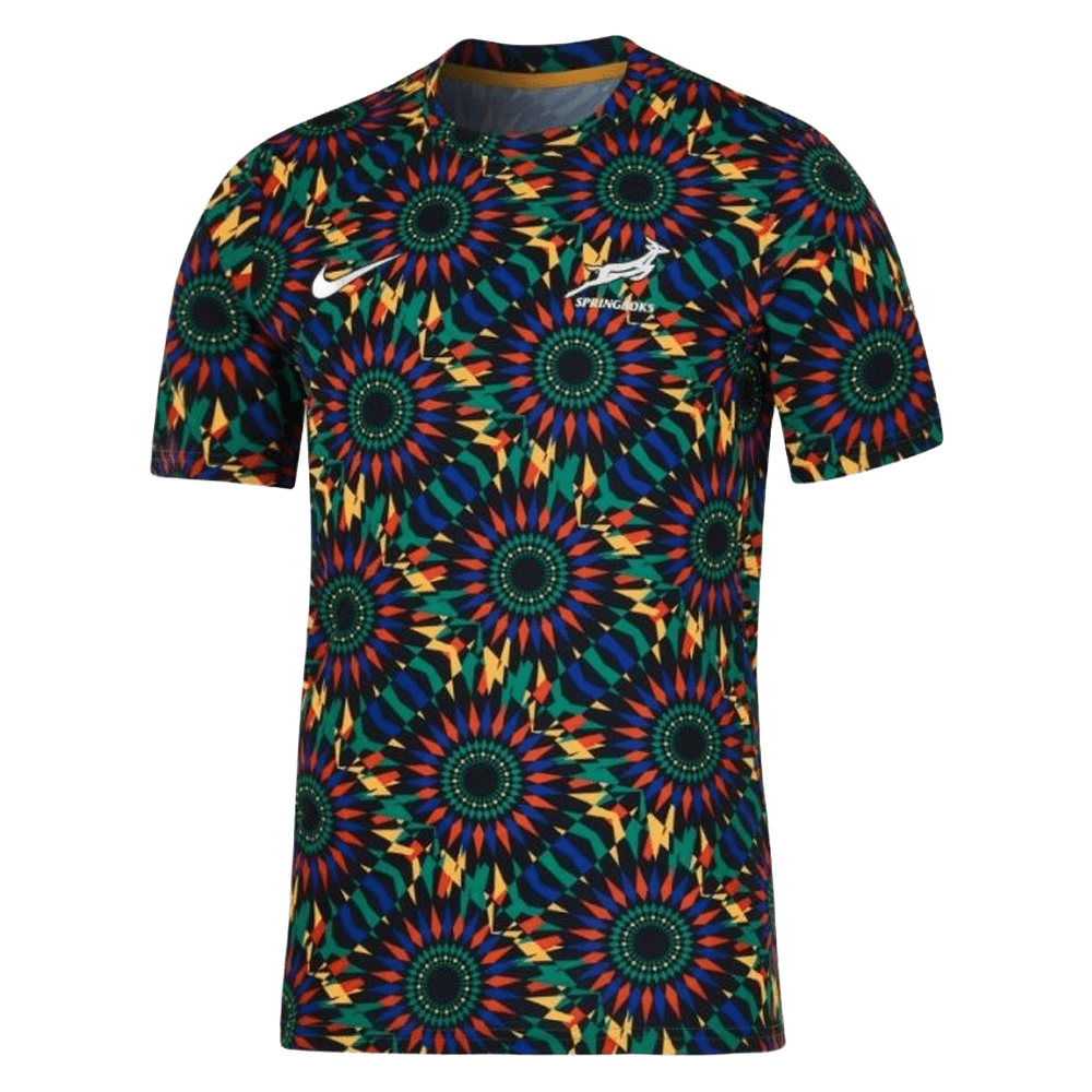 Springbok pre-match tee with an all-over beadwork print in green, red, blue and gold on black