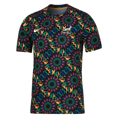 Springbok pre-match tee with an all-over beadwork print in green, red, blue and gold on black