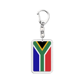 Clear acrylic keychain tag printed with the South African flag on a silver swivel clip