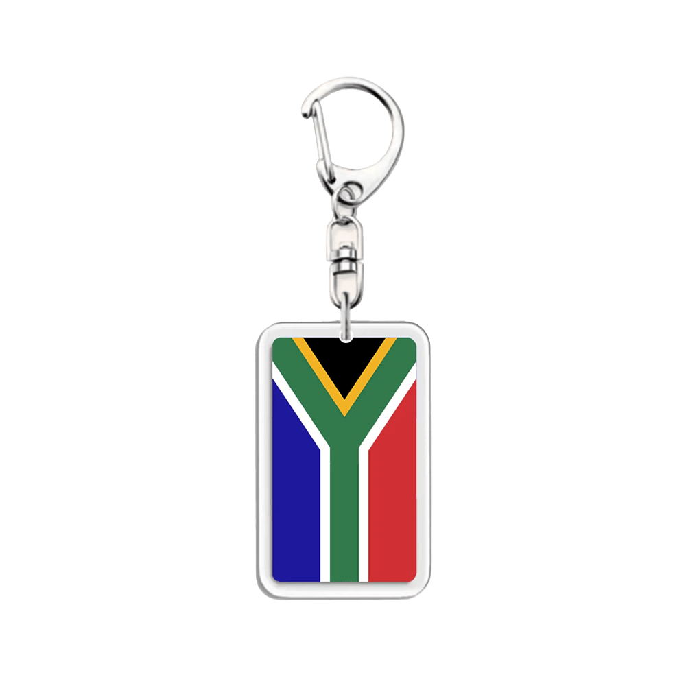 Clear acrylic keychain tag printed with the South African flag on a silver swivel clip
