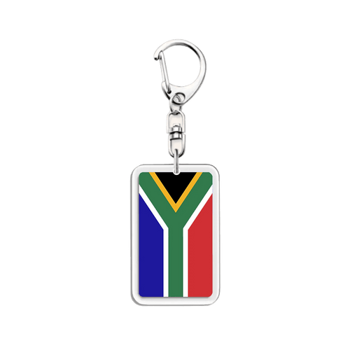Clear acrylic keychain tag printed with the South African flag on a silver swivel clip