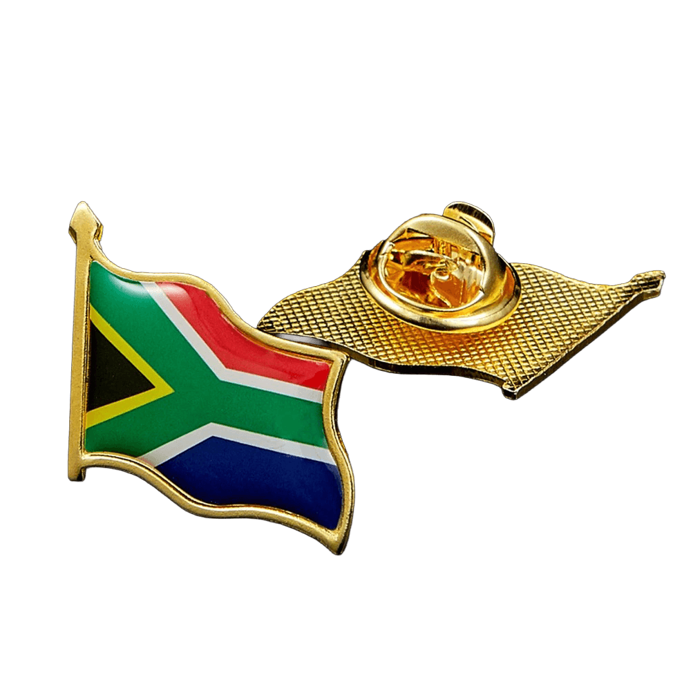 South African flag lapel pin with gold edging and a butterfly clutch back