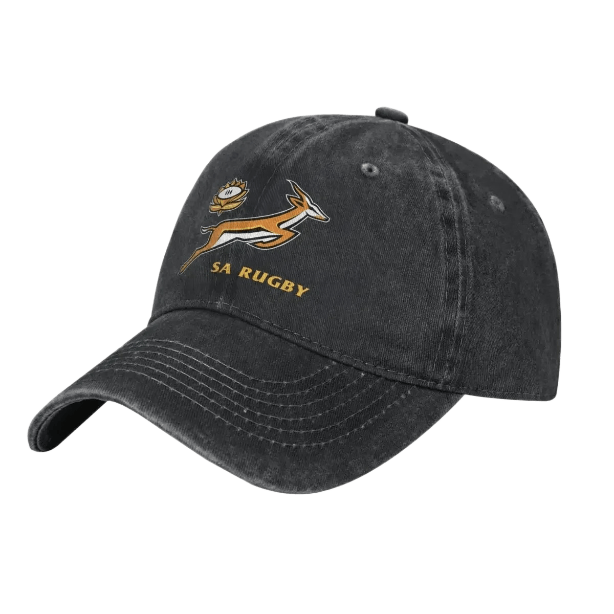 SA Rugby cap in washed black cotton with an embroidered gold springbok