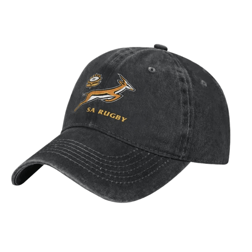 SA Rugby cap in washed black cotton with an embroidered gold springbok