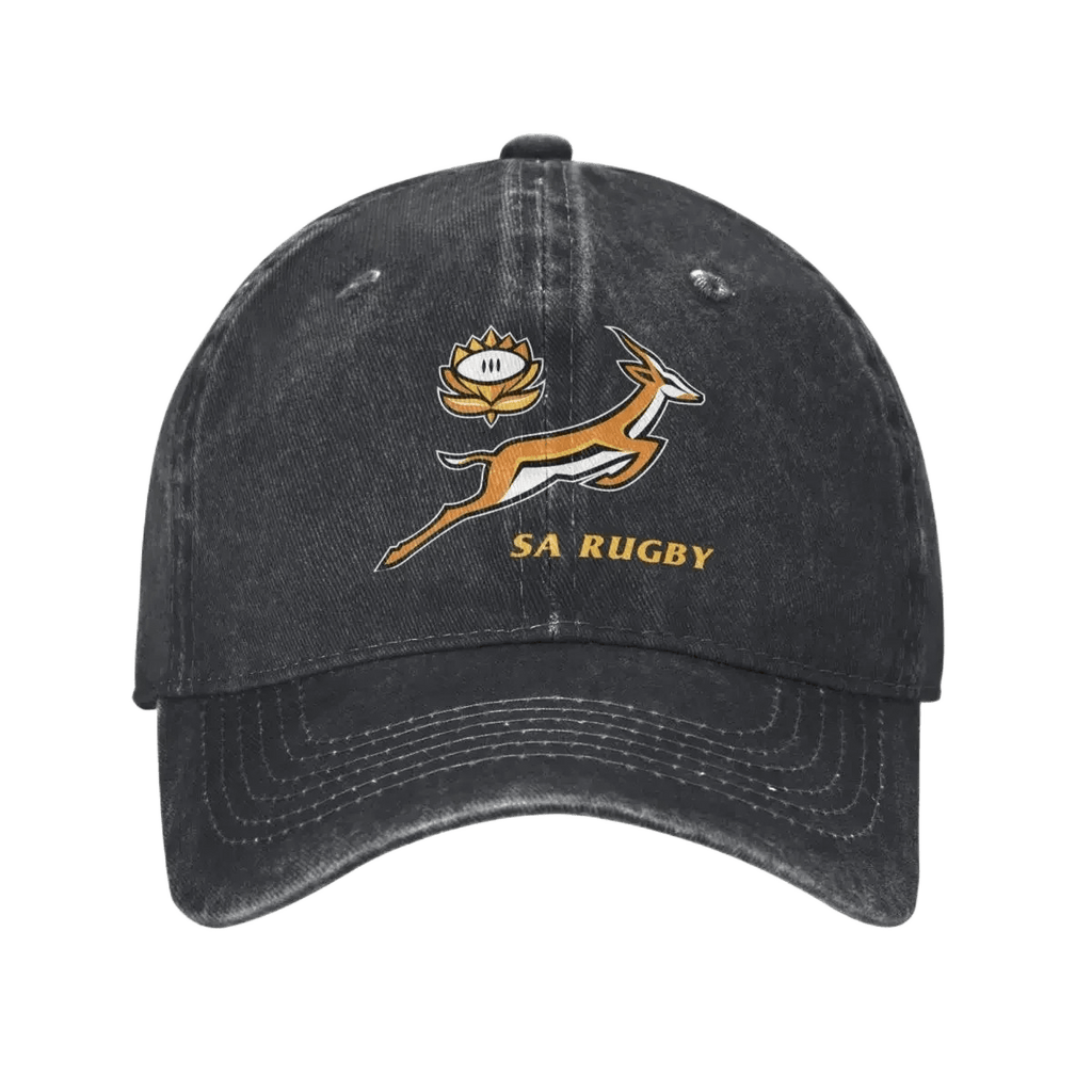 SA Rugby cap in washed black cotton with an embroidered gold springbok