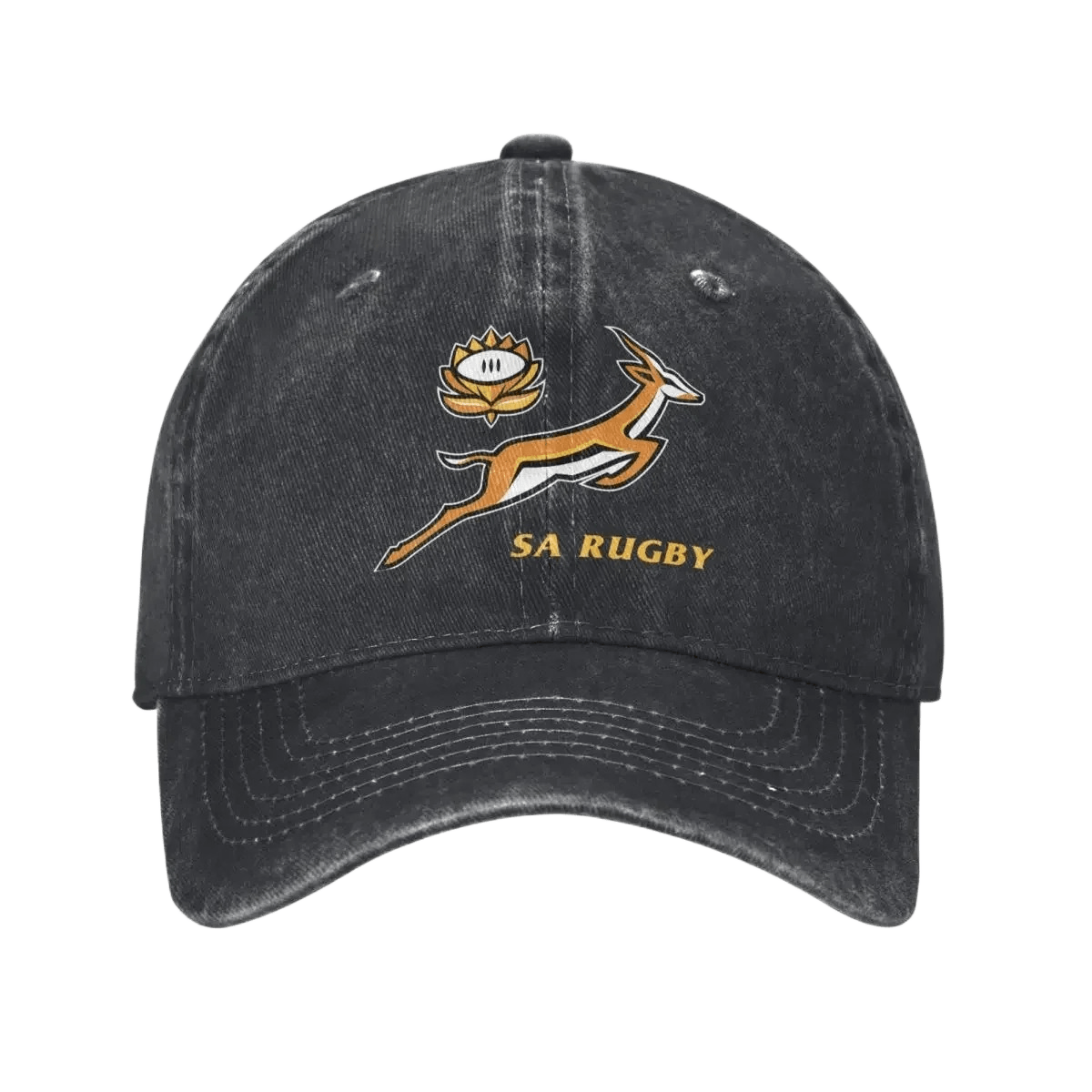 SA Rugby cap in washed black cotton with an embroidered gold springbok