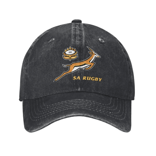 SA Rugby cap in washed black cotton with an embroidered gold springbok