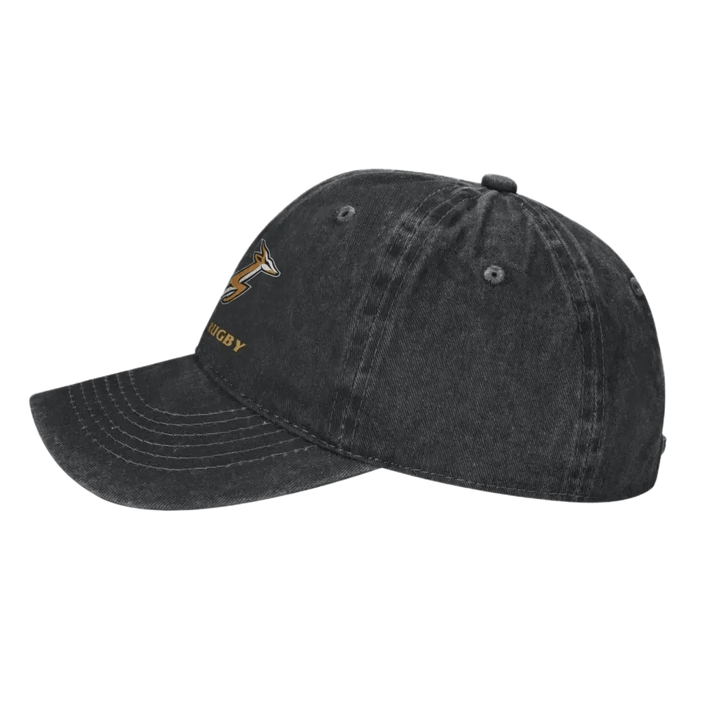 SA Rugby cap in washed black cotton with an embroidered gold springbok