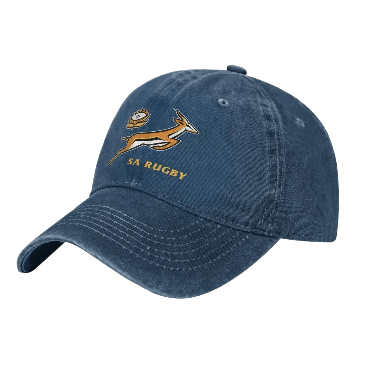 SA Rugby cap in washed black cotton with an embroidered gold springbok