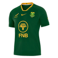 Springbok replica home jersey in green with gold collar trim and the FNB logo across the chest