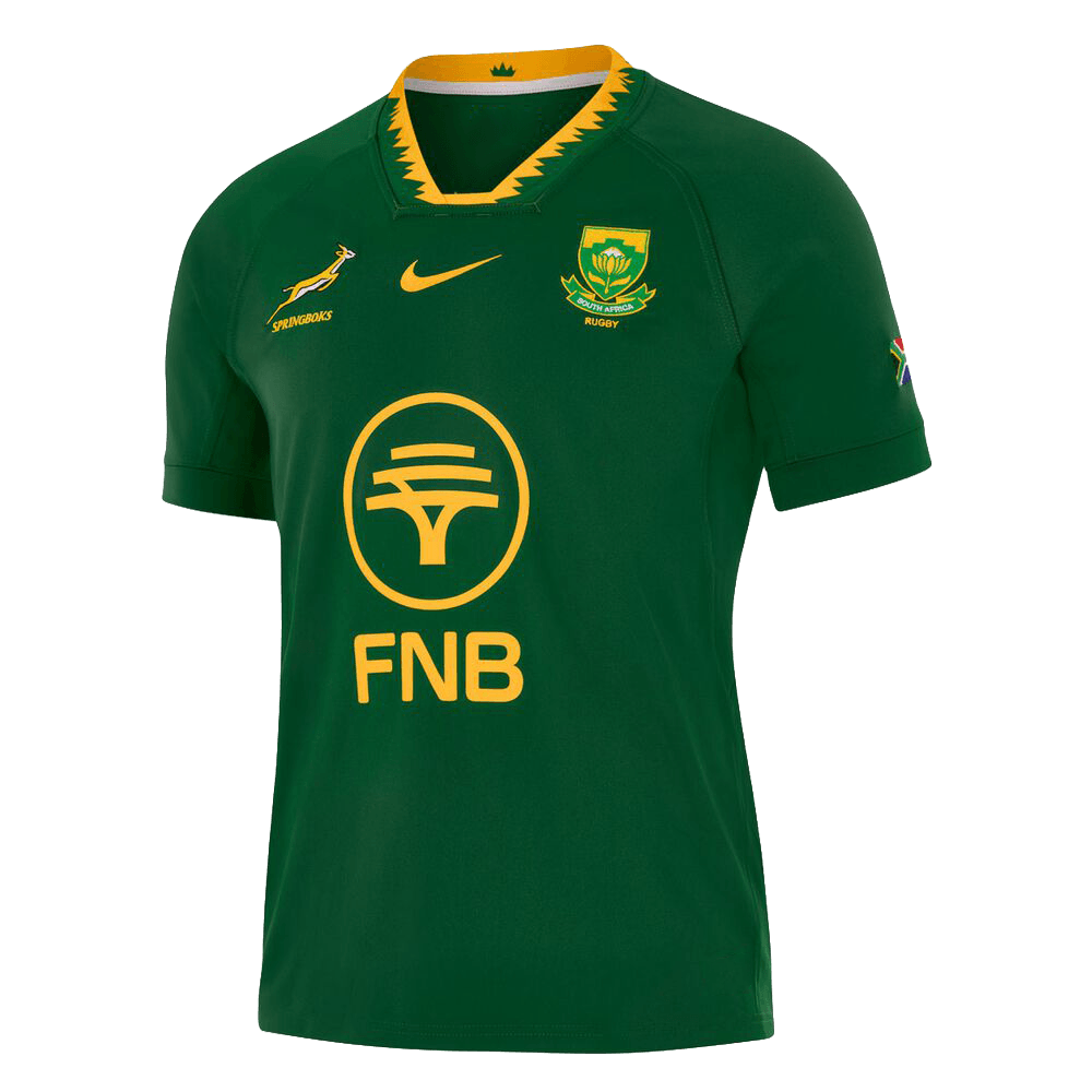 Springbok replica home jersey in green with gold collar trim and the FNB logo across the chest