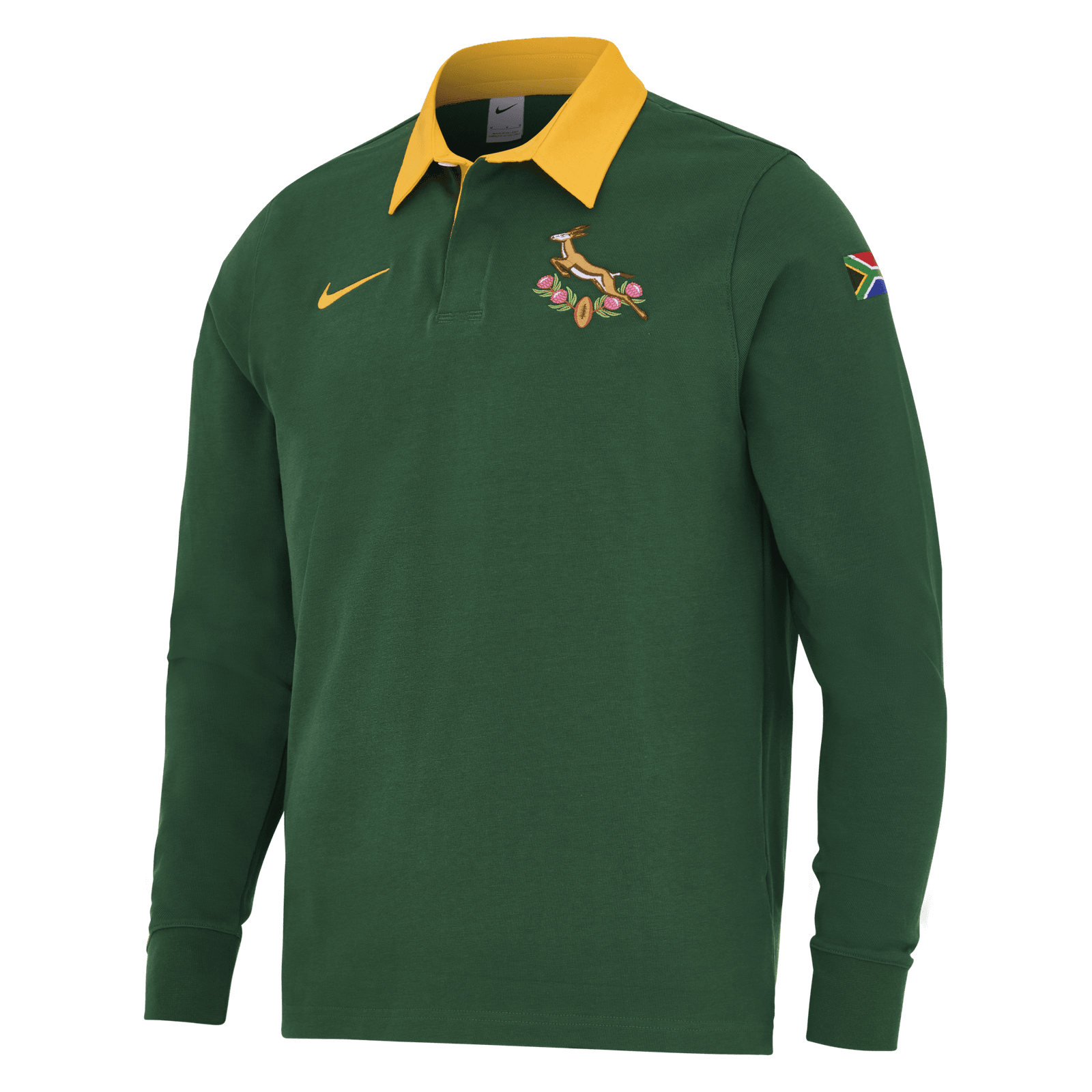 Heritage Springbok rugby shirt in green with a gold twill collar and the old crest stitched on the chest